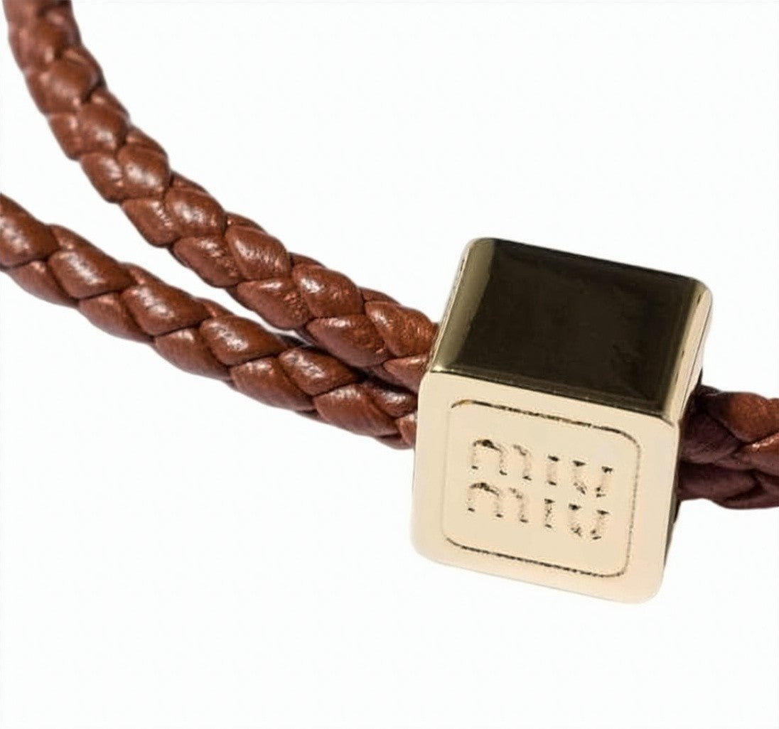 Miu Miu Braided Lambskin Leather Bracelet With Metallic Charm