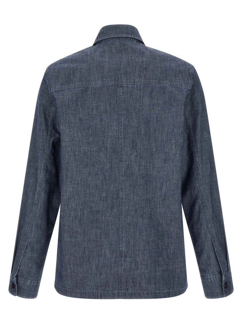 Jil Sander Blue Chambray Cotton Western Shirt With Cuffed Sleeves