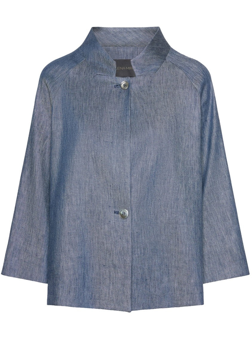 Elena Miro` Cropped Muted Blue Textured Woven Jacket