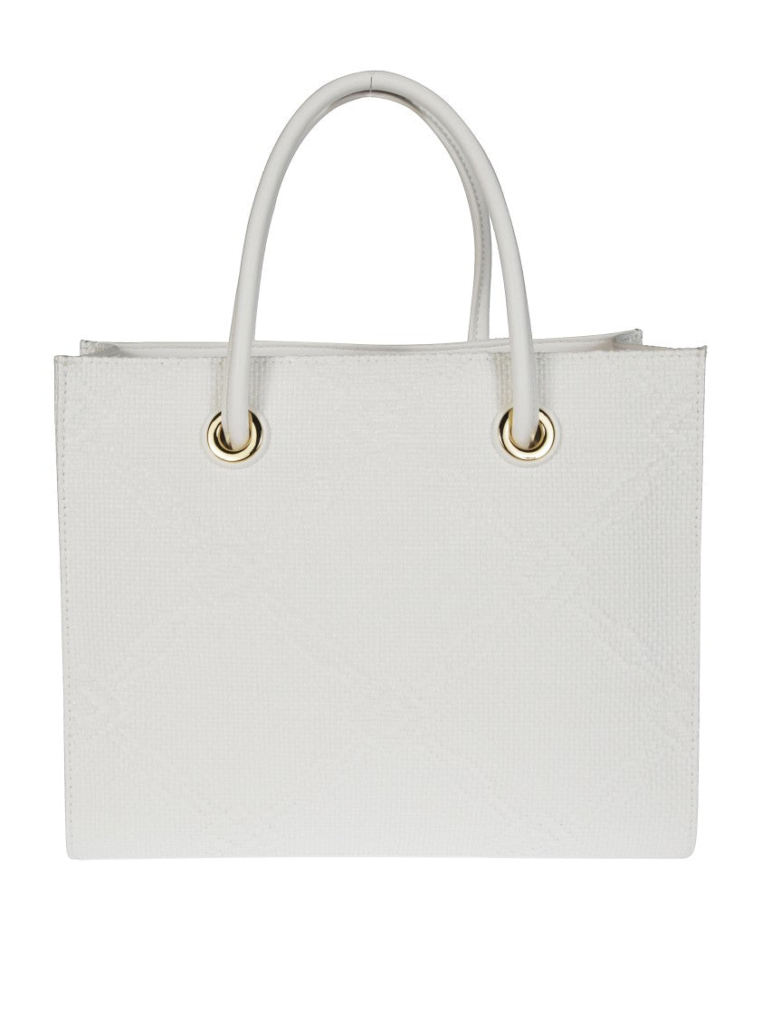 Elisabetta Franchi Structured White Raffia Tote Bag With Gold-Tone Accents