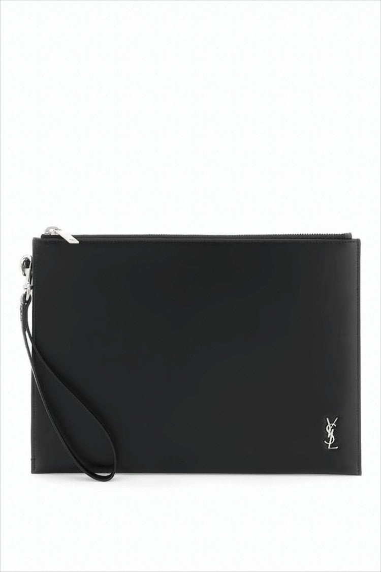 Saint Laurent Rectangular Black Leather Clutch With Wrist Strap