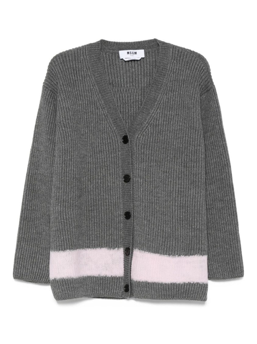 Msgm Ribbed Grey Sweater With Contrasting Hem Band