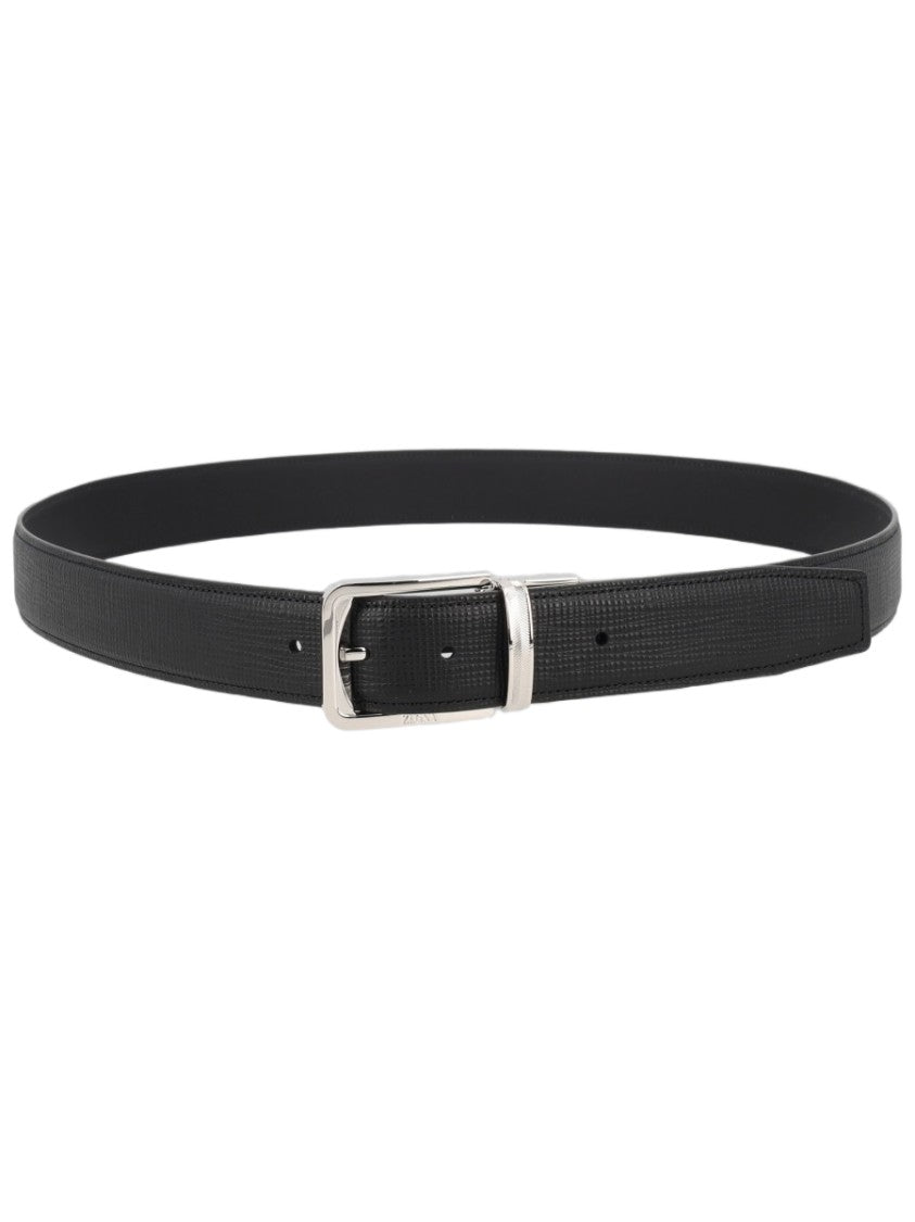 Zegna Textured Black Calf Leather Silver Buckle Belt