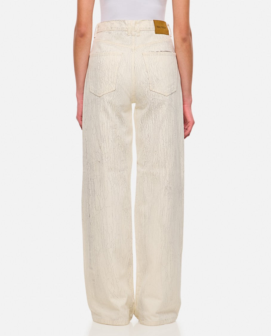 Halfboy Beige Crepe Pattern Wide Leg Jeans