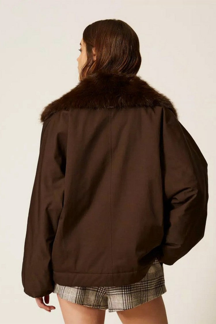 Twin-Set Brown Cotton-Polyester Blend Faux-Fur Collar Jacket