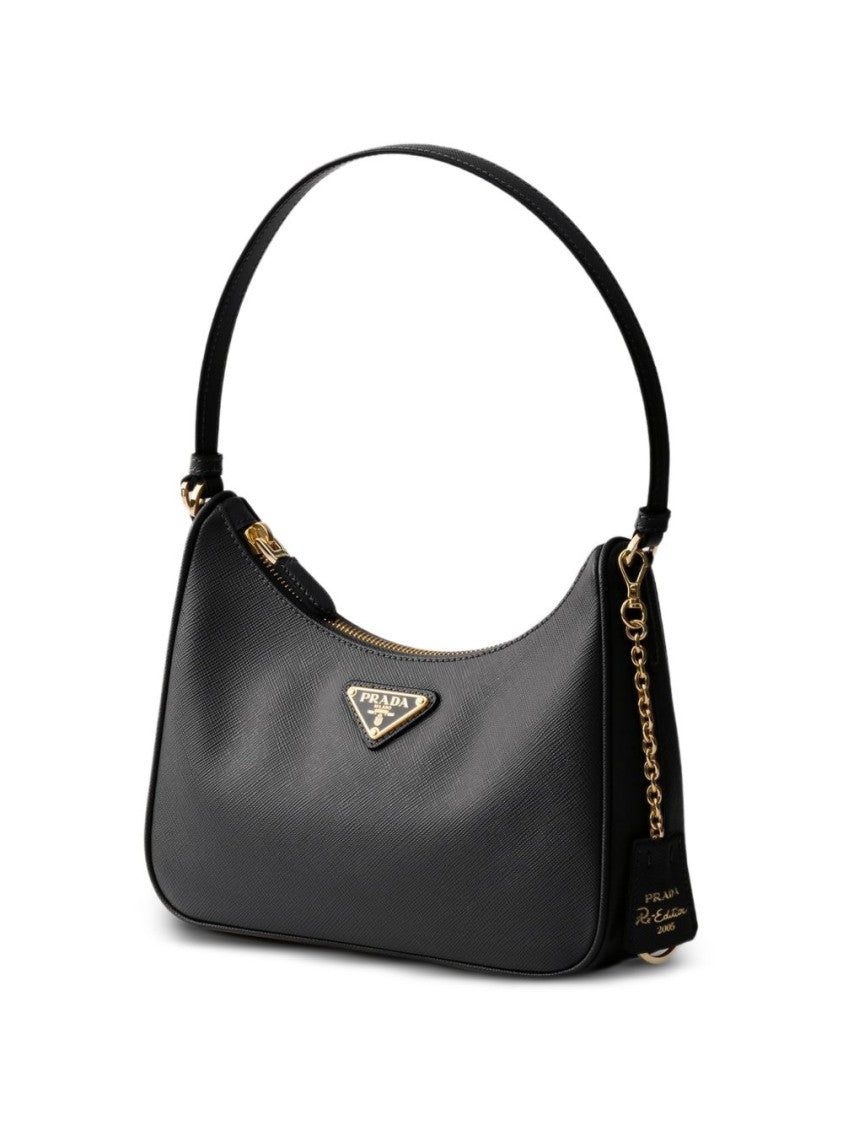 Prada Structured Black Calf Leather Handbag With Gold Accents