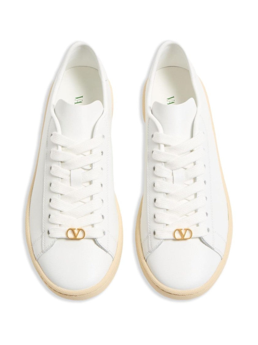 Valentino Garavani Sleek White Leather Flats With Gold-Tone Logo