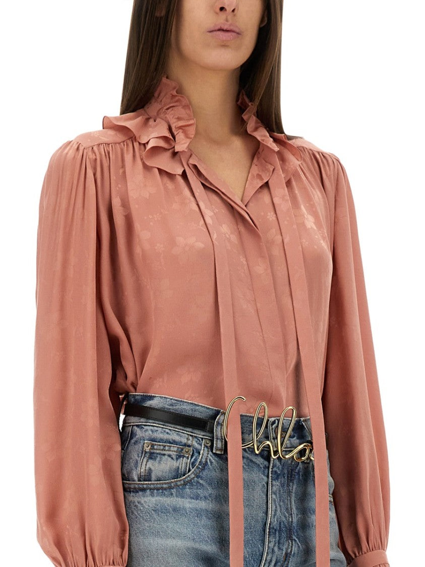 Chloé Fluid Silk Jacquard Blouse With Ruffled Neckline And Puffed Sleeves
