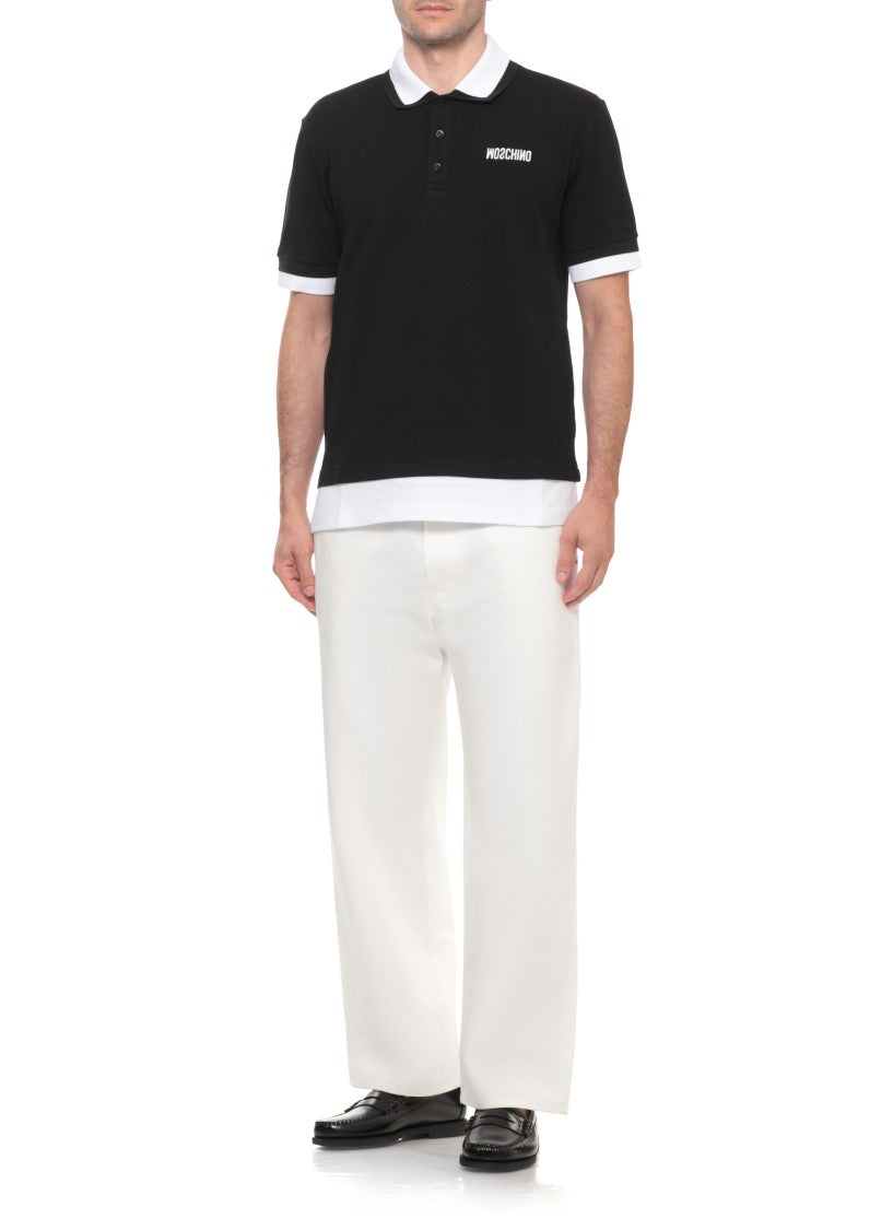 Moschino Black Double Collar Embroidered Logo Cotton Polo Shirt