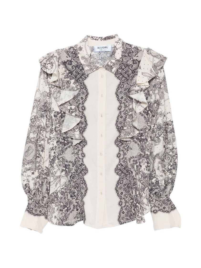 Blugirl Intricate Lace Print Blouse With Ruffled Accents