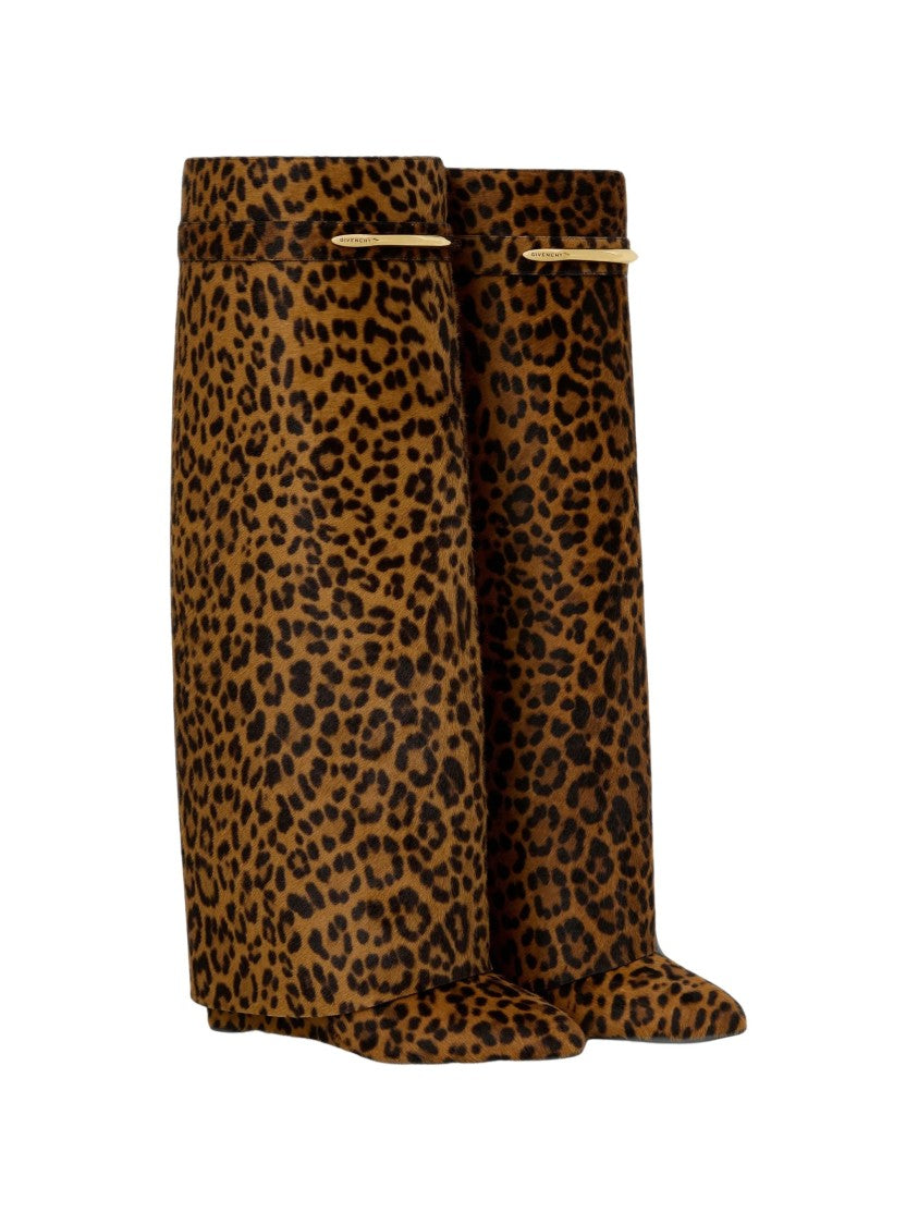 Givenchy Black Leopard Print Foldover Wedge Pony Hair Boots