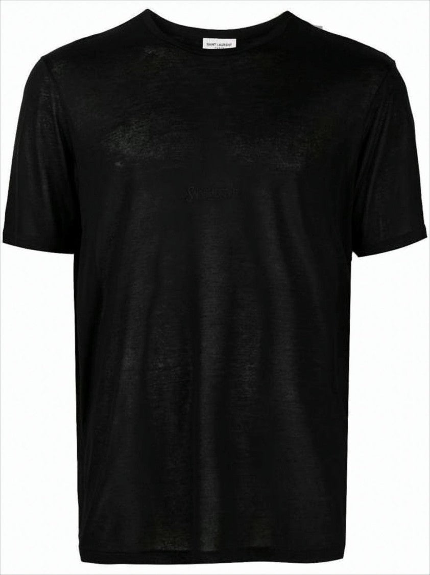 Saint Laurent Short-Sleeved Black Rayon T-Shirt With Tonal Branding