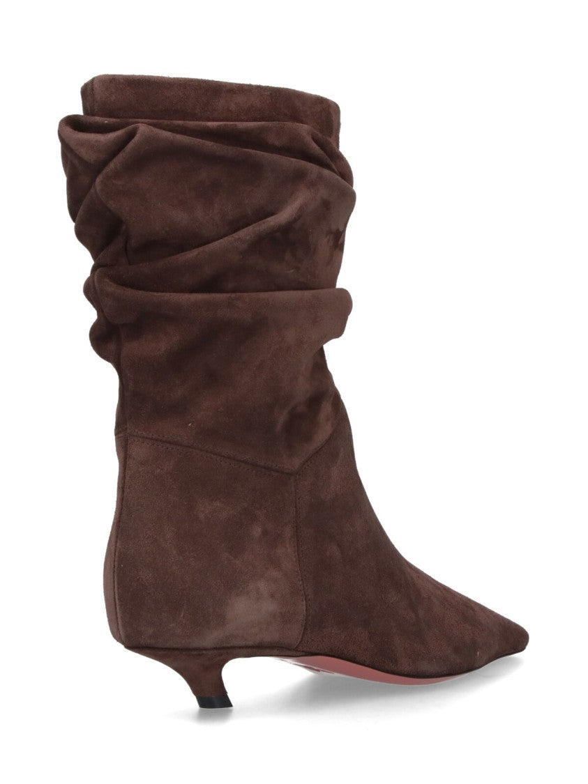 Amina Muaddi Ruched Dark Brown Suede Ankle Boots