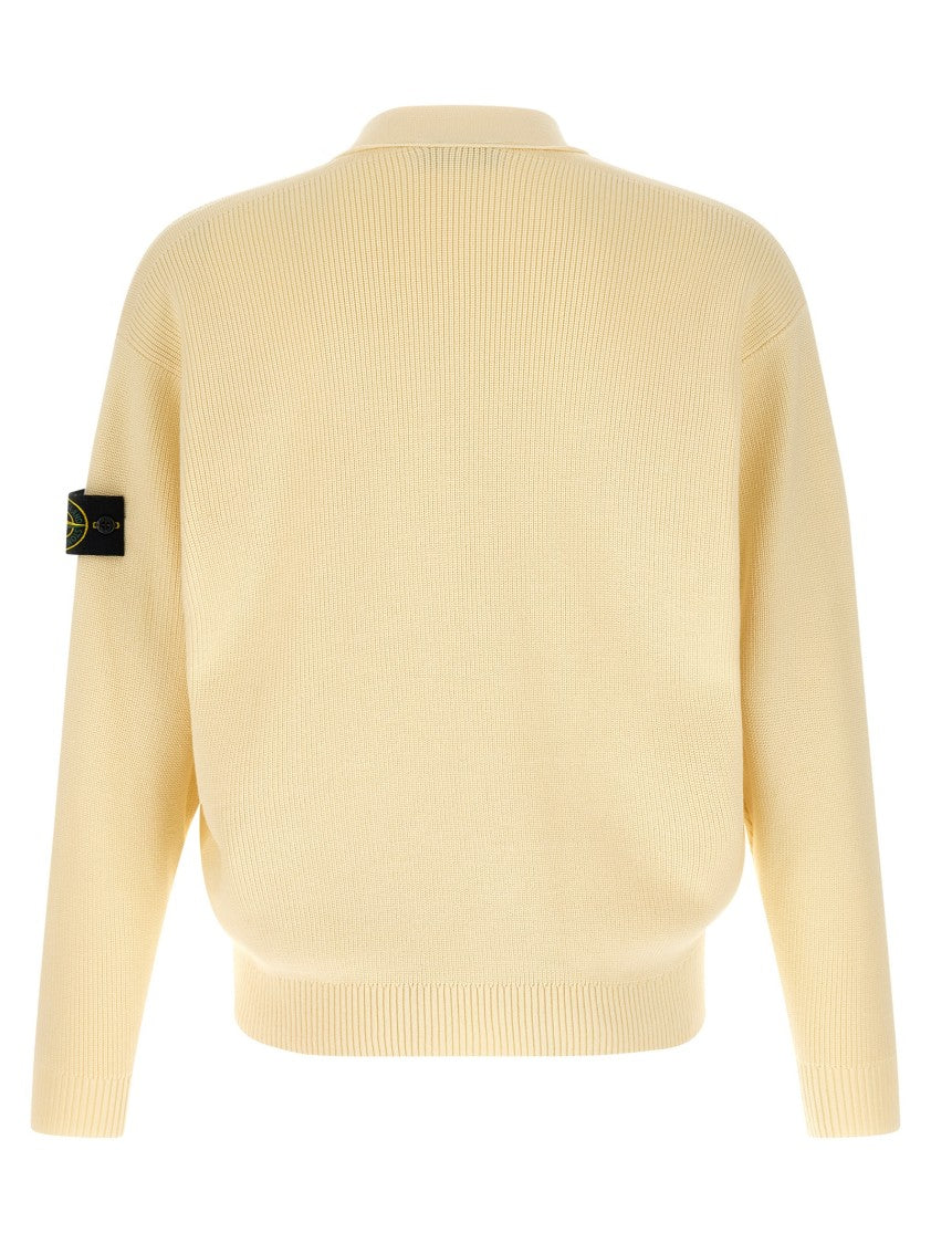 Stone Island Ribbed Organic Cotton Cardigan With V-Neck And Logo Badge
