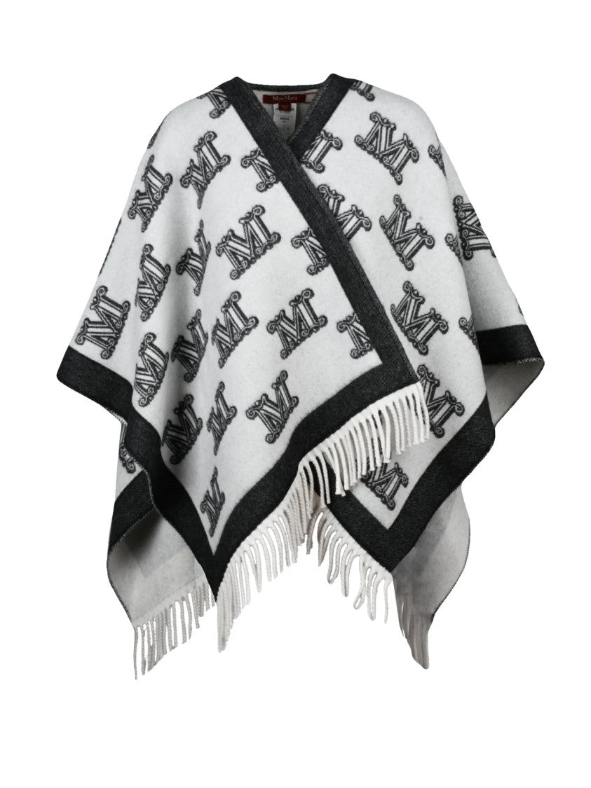Max Mara Virgin Wool Poncho With Monogram Pattern And Fringe Detail