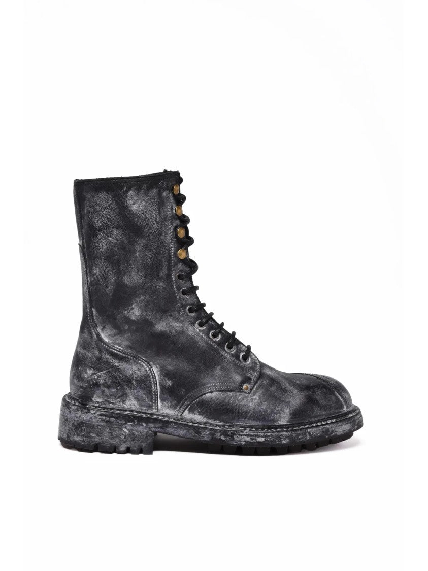 Dolce & Gabbana Distressed Black Leather Combat Boots With Rubber Sole