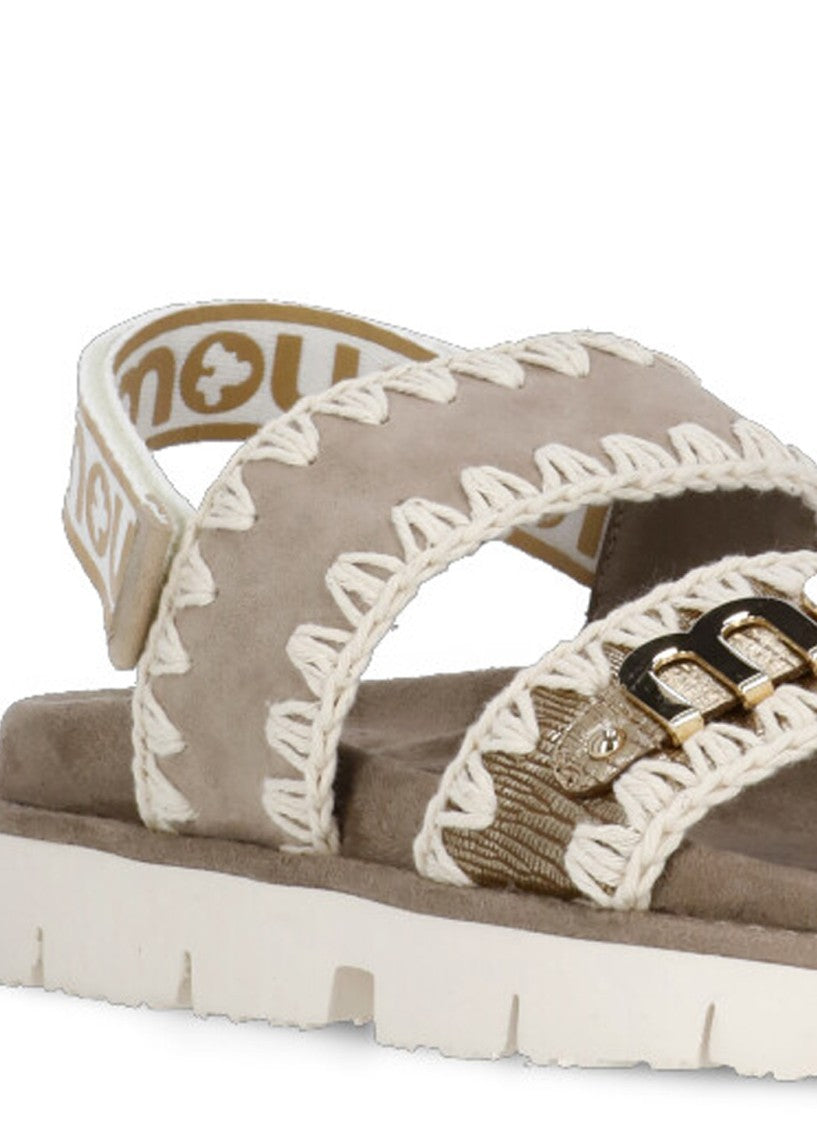 Mou Dove Grey Crochet Embroidery Sandals