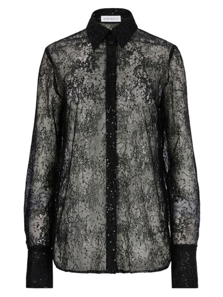 Nina Ricci Sheer Floral Lace Sequin Blouse