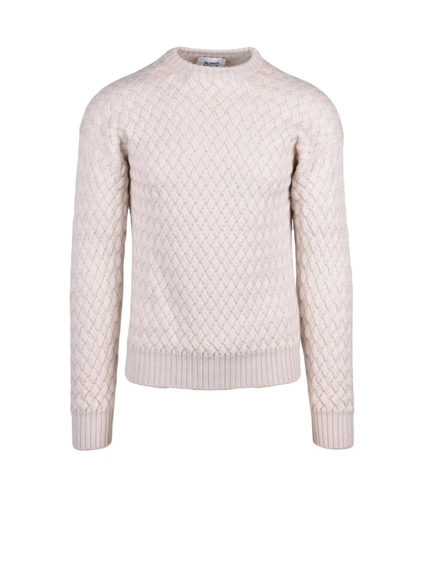 Alpha Studio Textured Cable Knit Sweater With Classic Crew Neckline