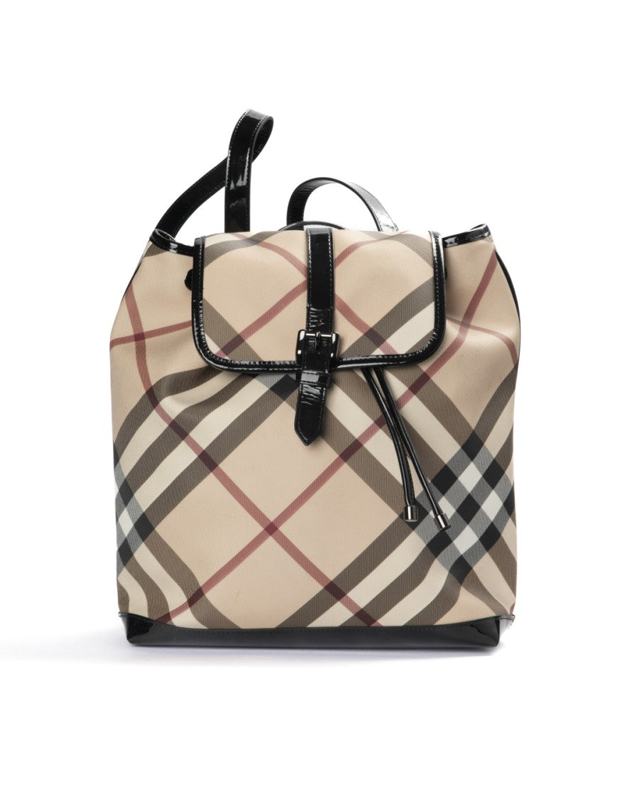 Burberry Large Check Canvas Backpack With Black Patent Leather Accents