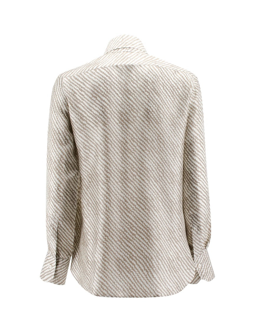 Kiton Printed Pattern Beige Silk Blouse