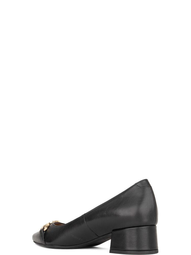 Sergio Moretti Black Gold-Tone Chain Leather Low-Heel Pumps