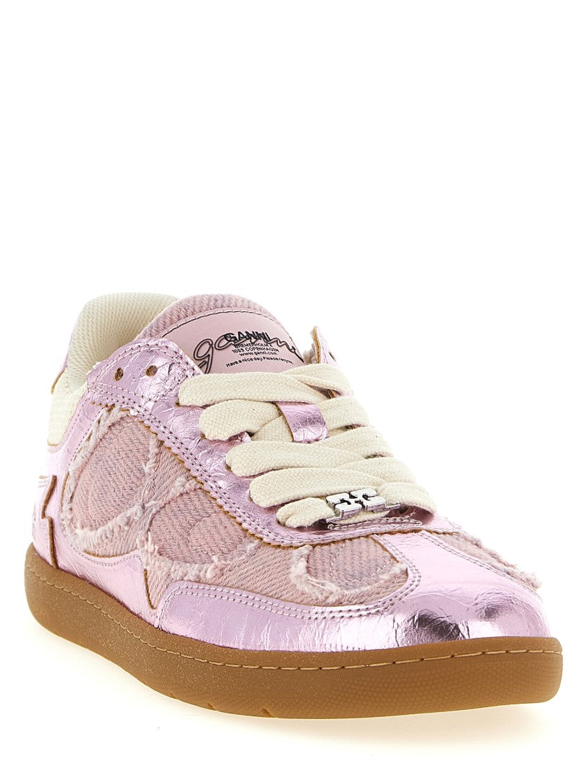 Ganni Denim-Effect Sneakers With Craqulé Metallic Finish