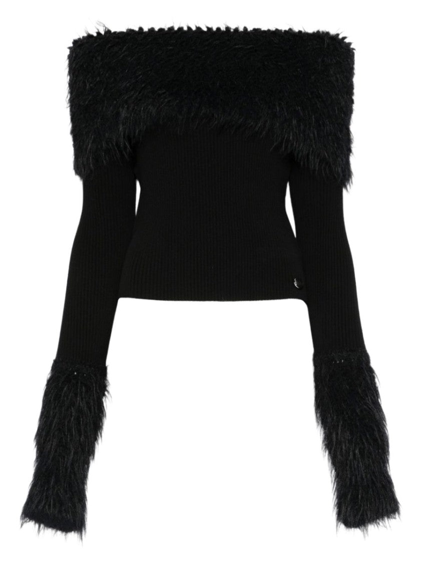 Jean Paul Gaultier Black Off-Shoulder Ribbed Knit Sweater