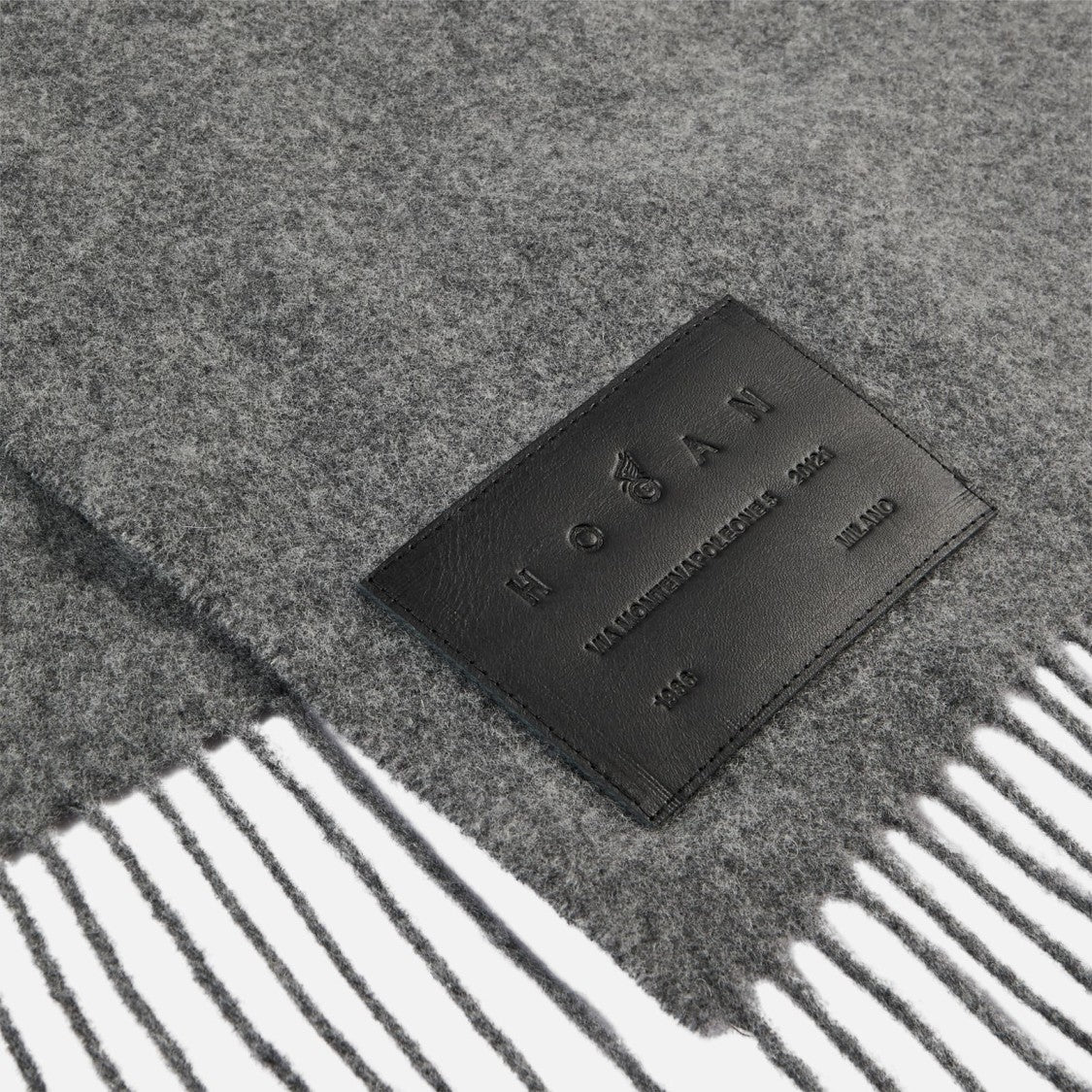 Hogan Fringed Grey Scarf With Embossed Leather Tag