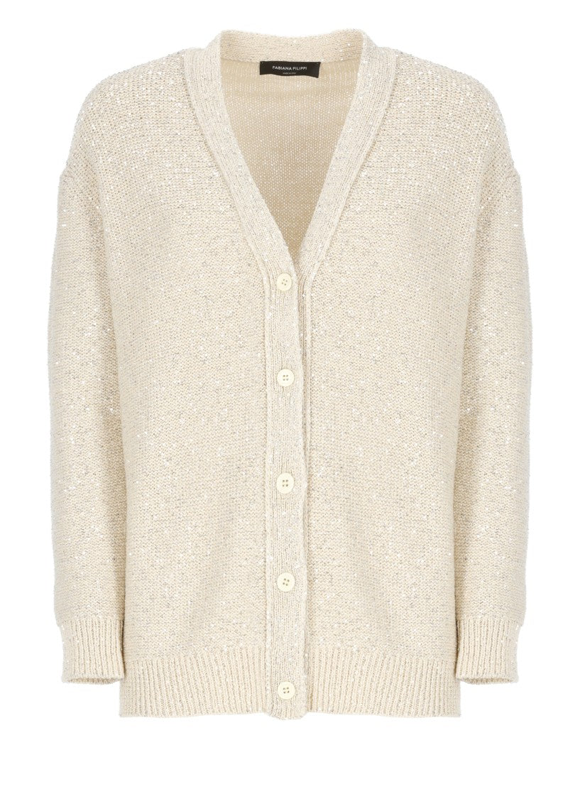 Fabiana Filippi Beige Cotton Blend Cardigan With All-Over Paillettes