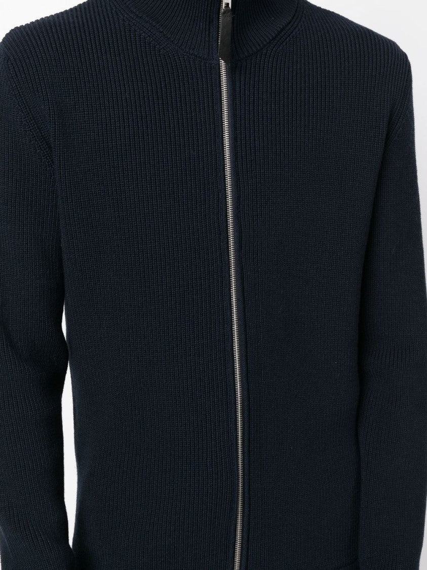 Maison Margiela Navy Blue Ribbed Cardigan With High Neck