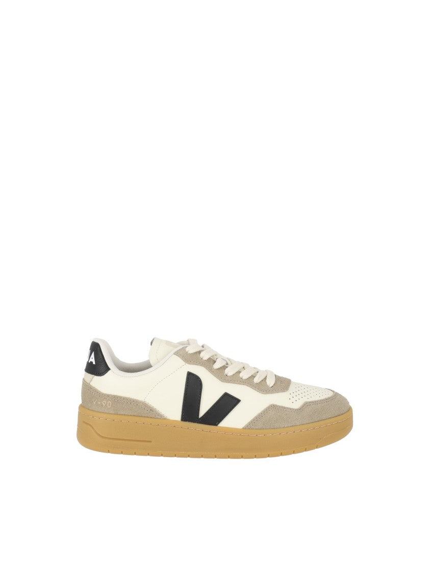 Veja Black V-90 Organic Traced Leather Low-Top Sneakers