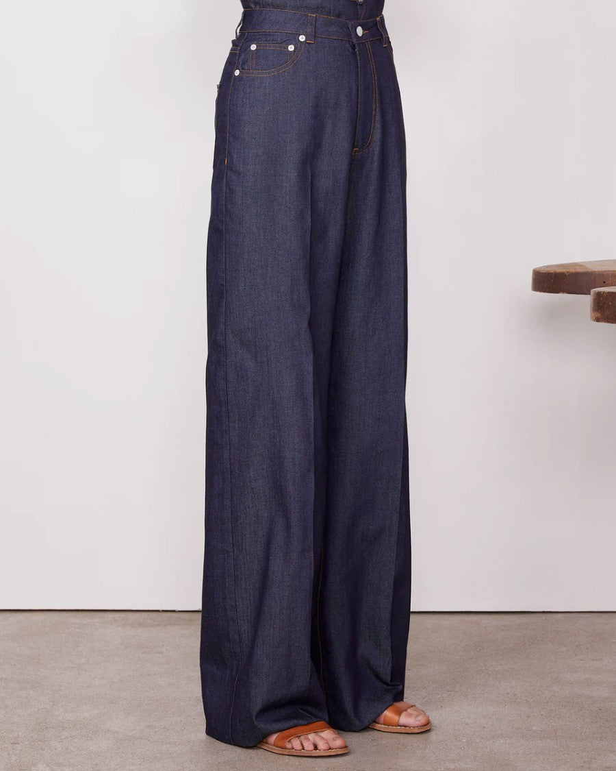 Officine Generale Dark Indigo Mid Waisted Wide Leg Jeans