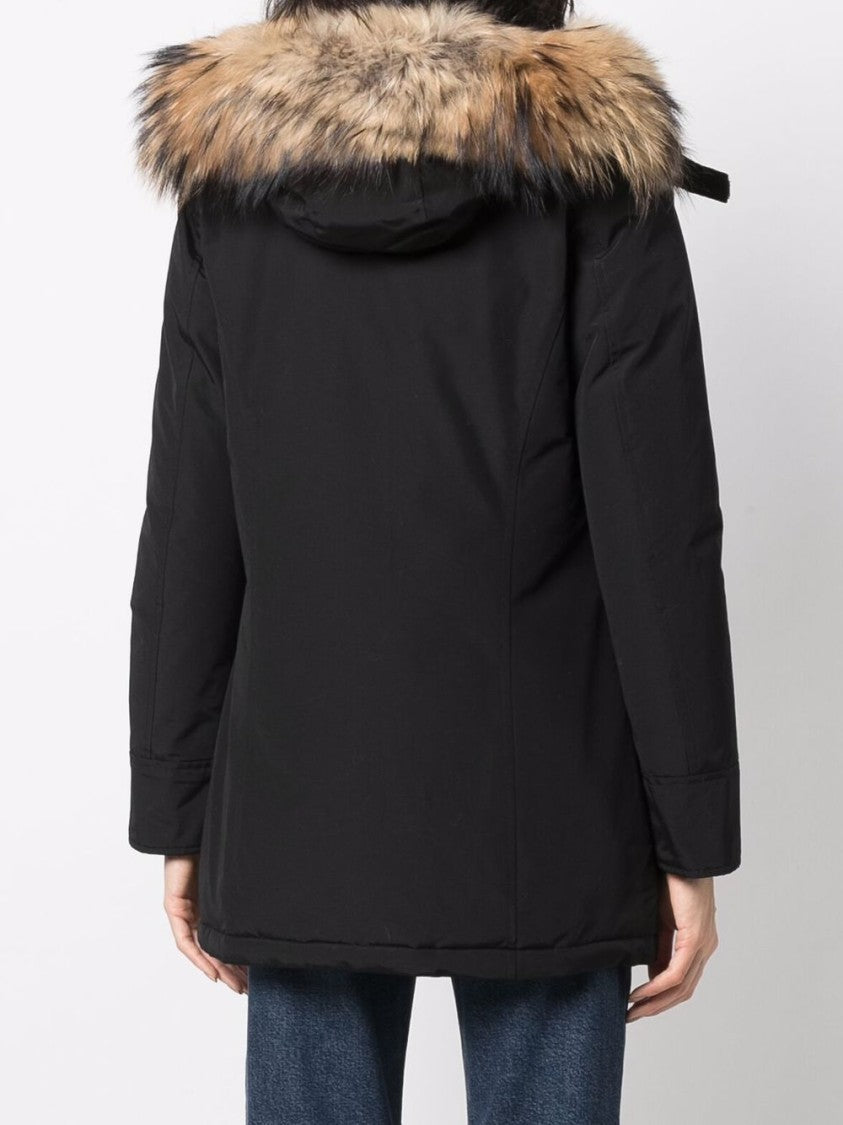 Woolrich Mid-Length Black Parka With Detachable Fur-Trimmed Hood