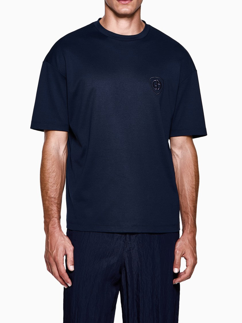 Giorgio Armani Navy Blue Boxy-Fit Embroidered Logo T-Shirt