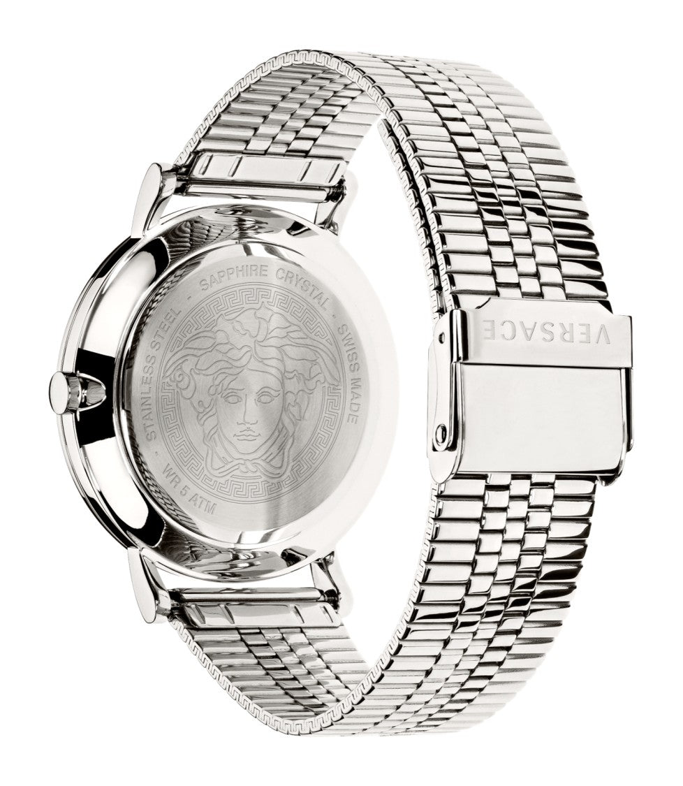 Versace Oval Dial Timepiece With Medusa Embossing And Polished Steel Case