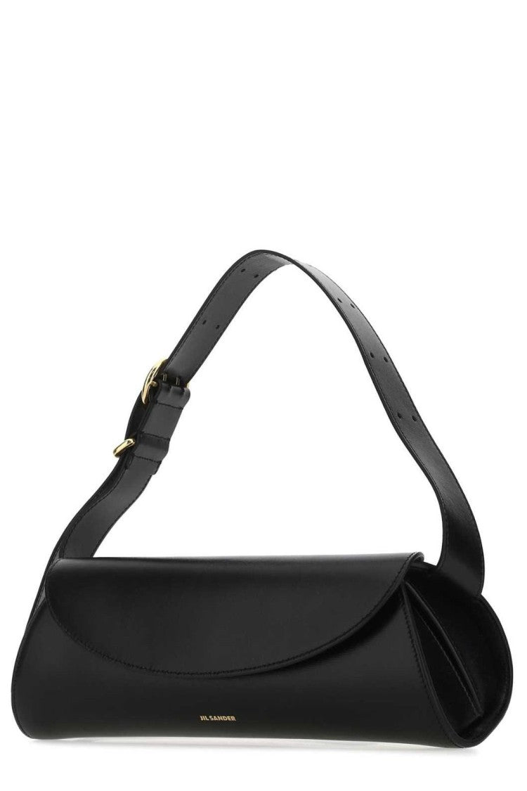 Jil Sander Elongated Black Shoulder Bag With Curved Flap Closure