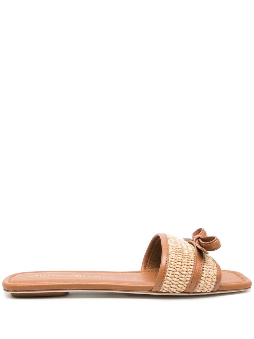 Stuart Weitzman Woven Upper Brown Sandals With Delicate Bow Accent