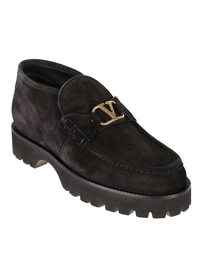 Valentino Garavani Low-Profile Black Suede Loafers With Gold Logo Detail