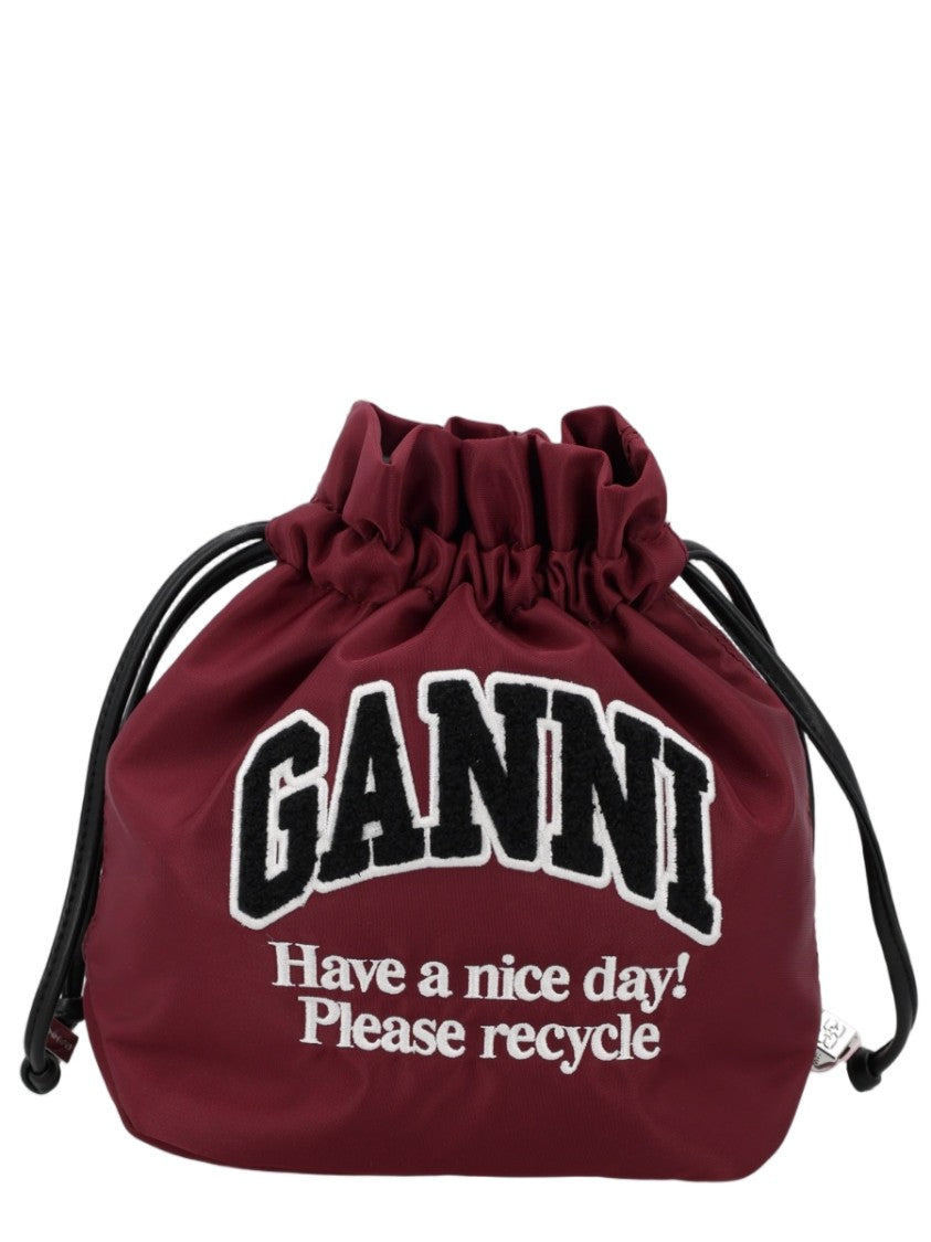 Ganni Soft Drawstring Clutch Bag With Bold Embroidery