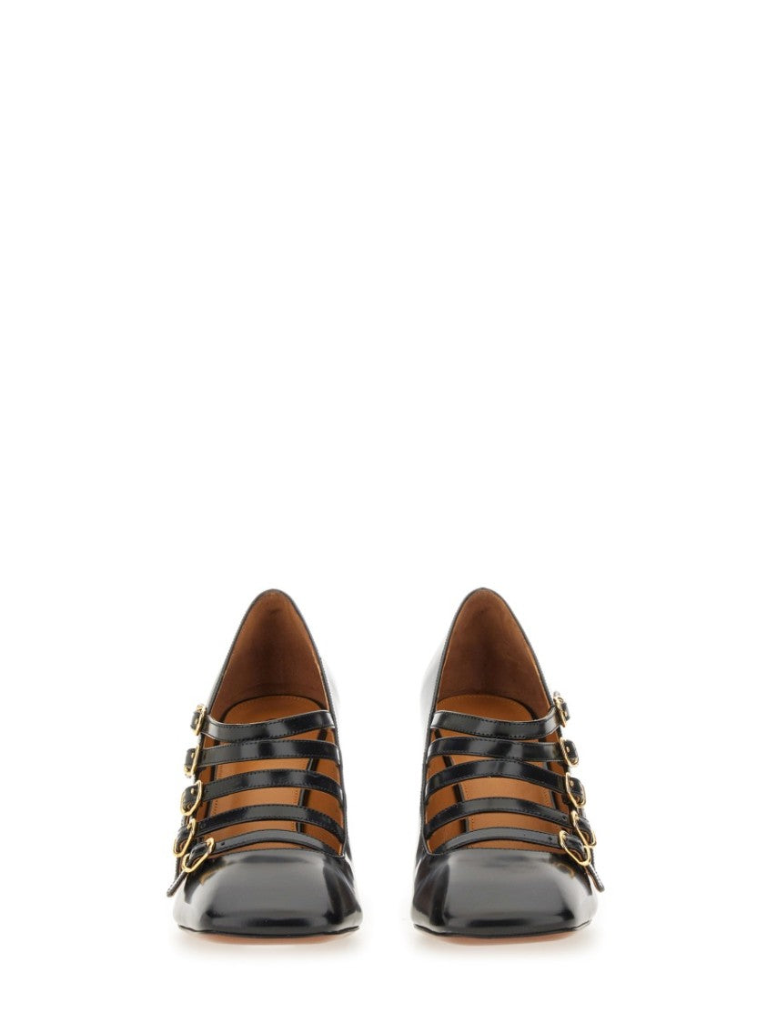 Chloé Pointed Toe Black Calf Leather Heels With Flared Block Heel