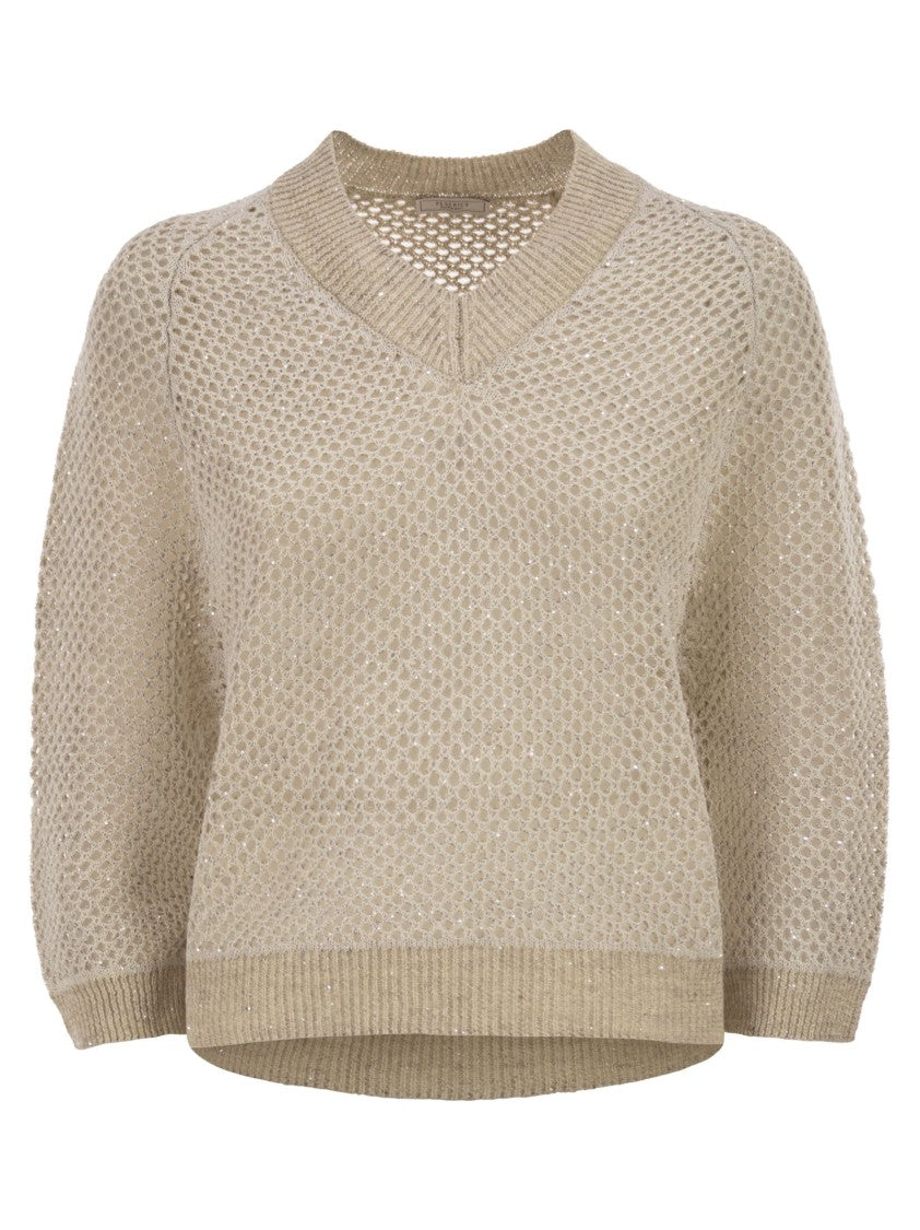 Peserico V-Neck Mesh Top In Linen And Cotton