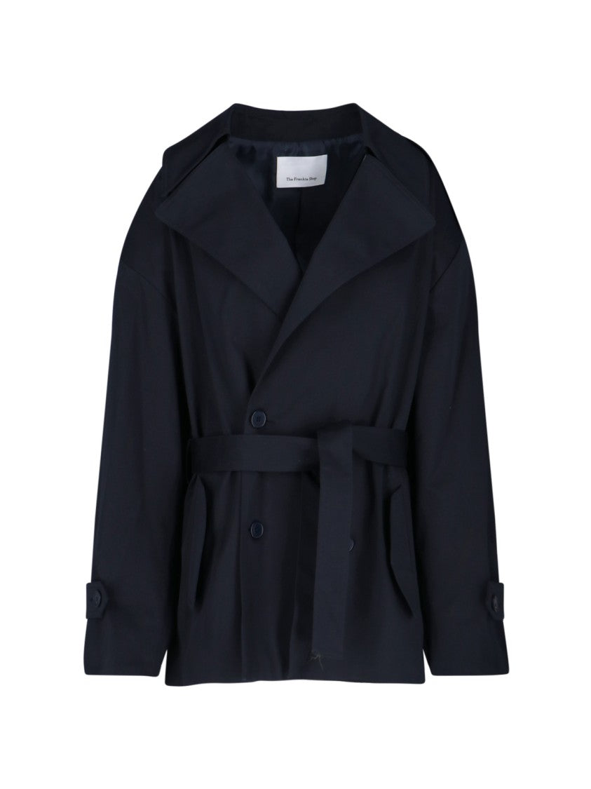 The Frankie Shop Navy Blue Cotton "Zurich" Oversized Short Trench Coat