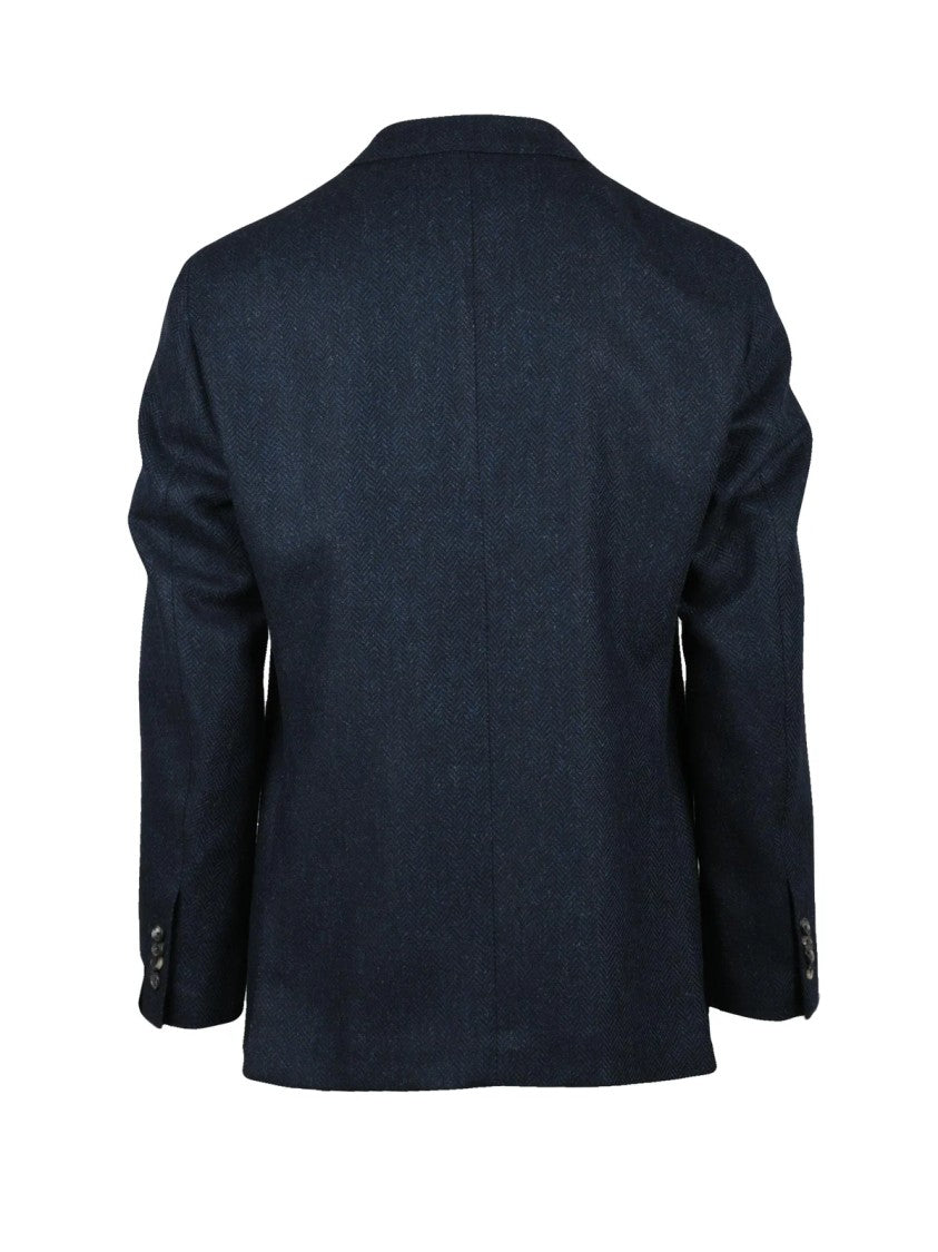 Caruso Rounded Wool Jacket With Two-Button Closure And Multicolor Herringbone Pattern