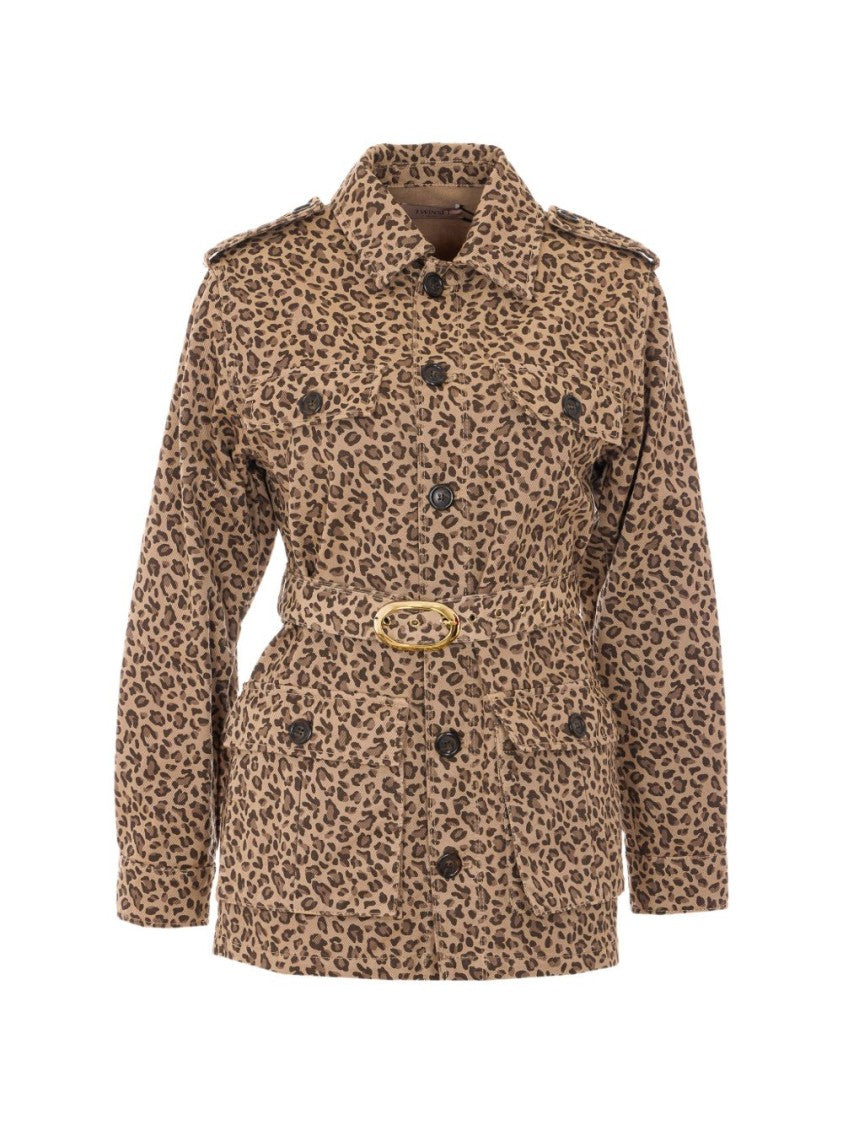 Twin-Set Leopard Print Casual Jacket With Structured Collar And Matching Belt
