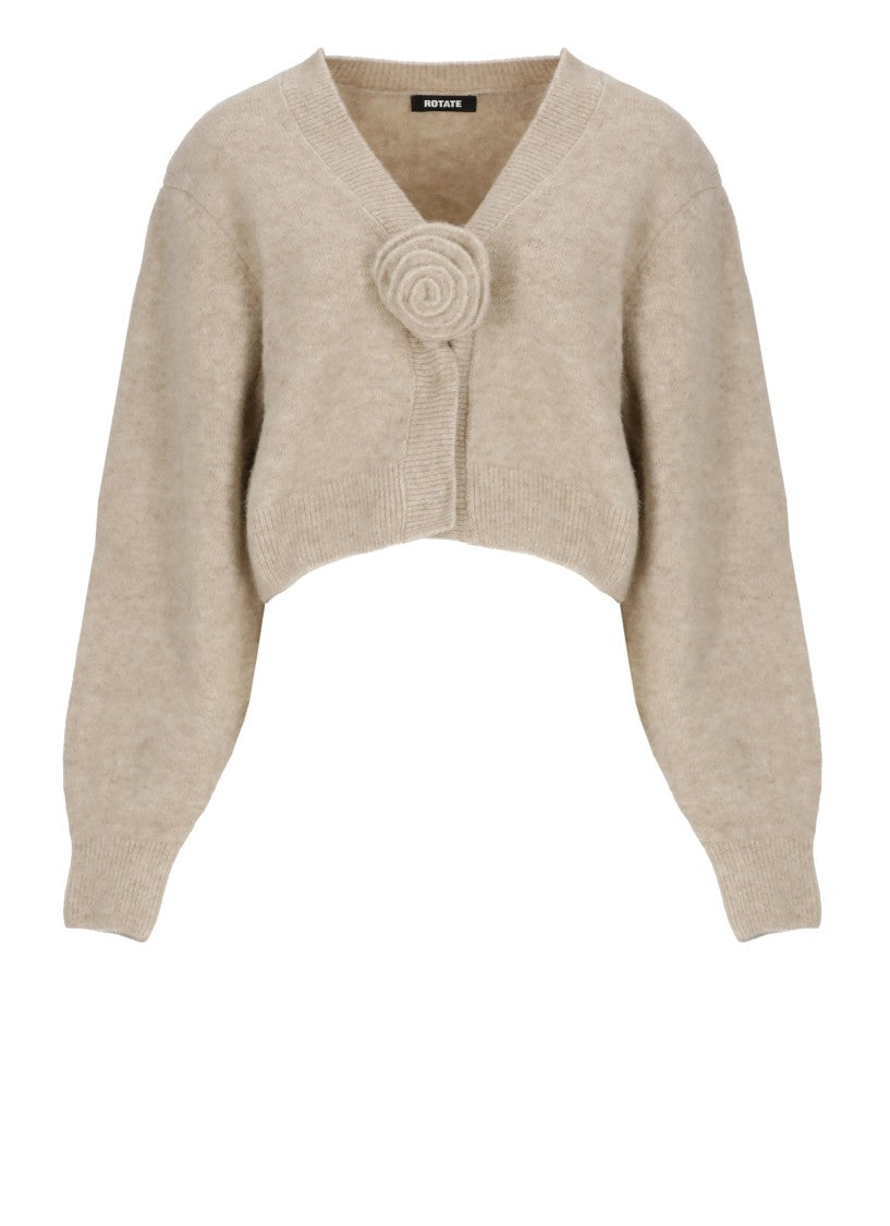 Rotate Beige Cropped V-Neck Detachable Rose Cardigan