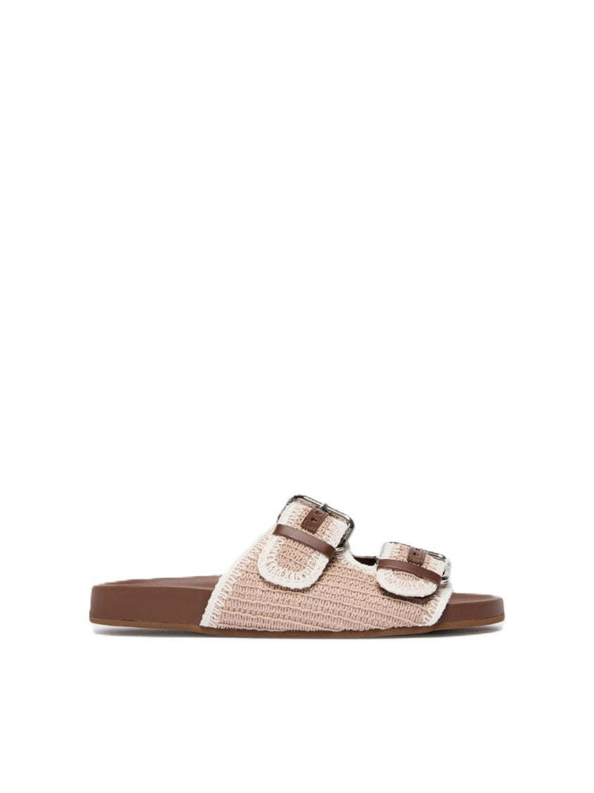 Max Mara Beige Woven Slide Sandals With Silver Buckle Accents