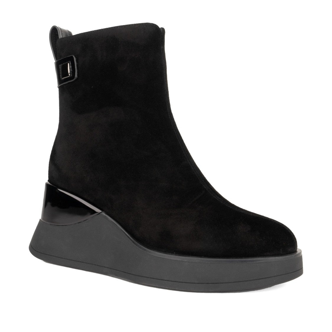 Linda Baumann Black Glossy Heel Accent Buckle Suede Boots