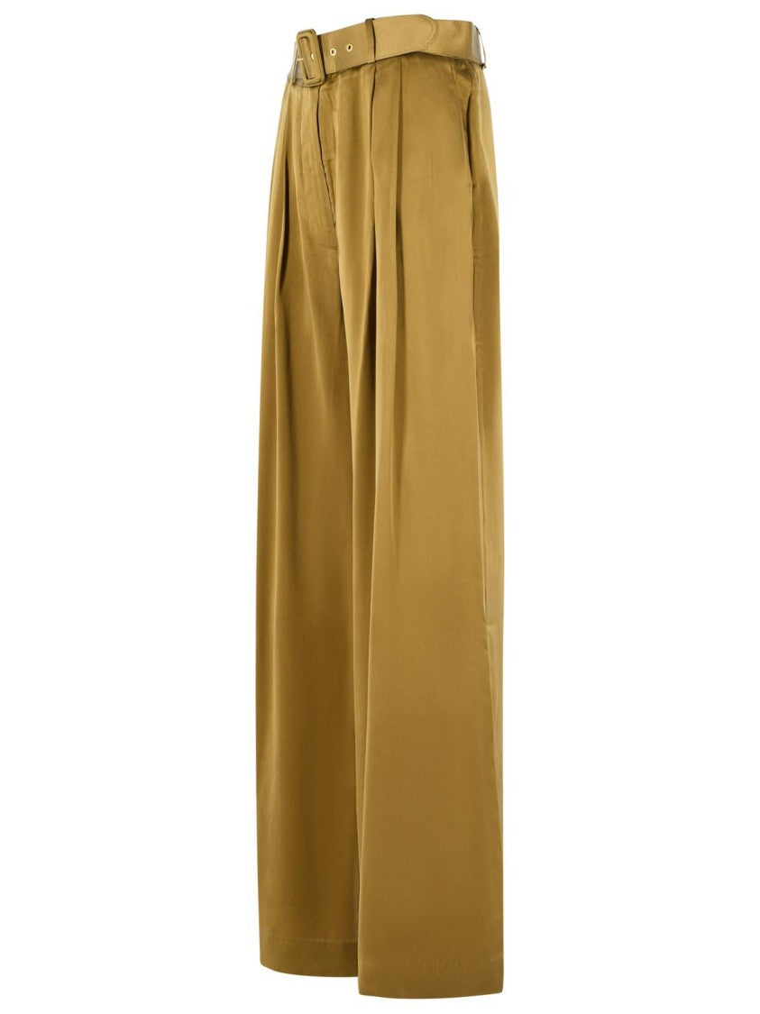 Zimmermann Olive Green Tuck High-Waisted Silk Wide-Leg Pants