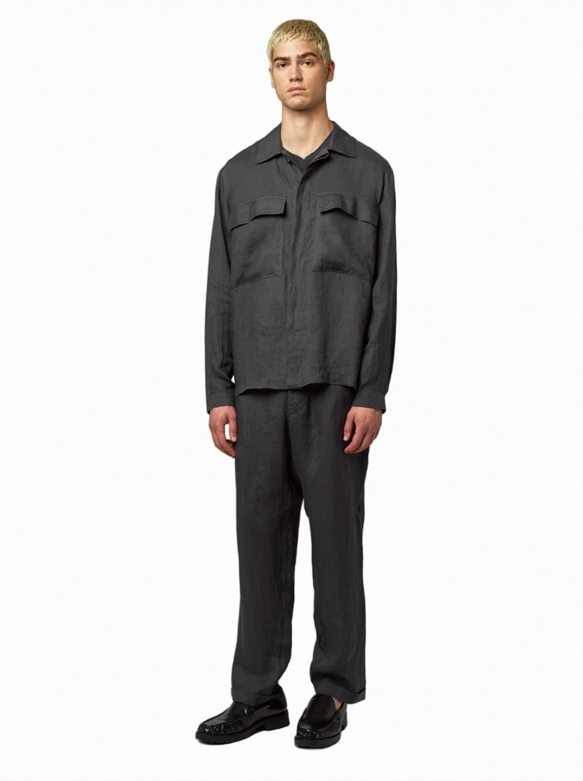 Alpha Studio Hidden Closure Classic Collar Linen Shirt Jacket